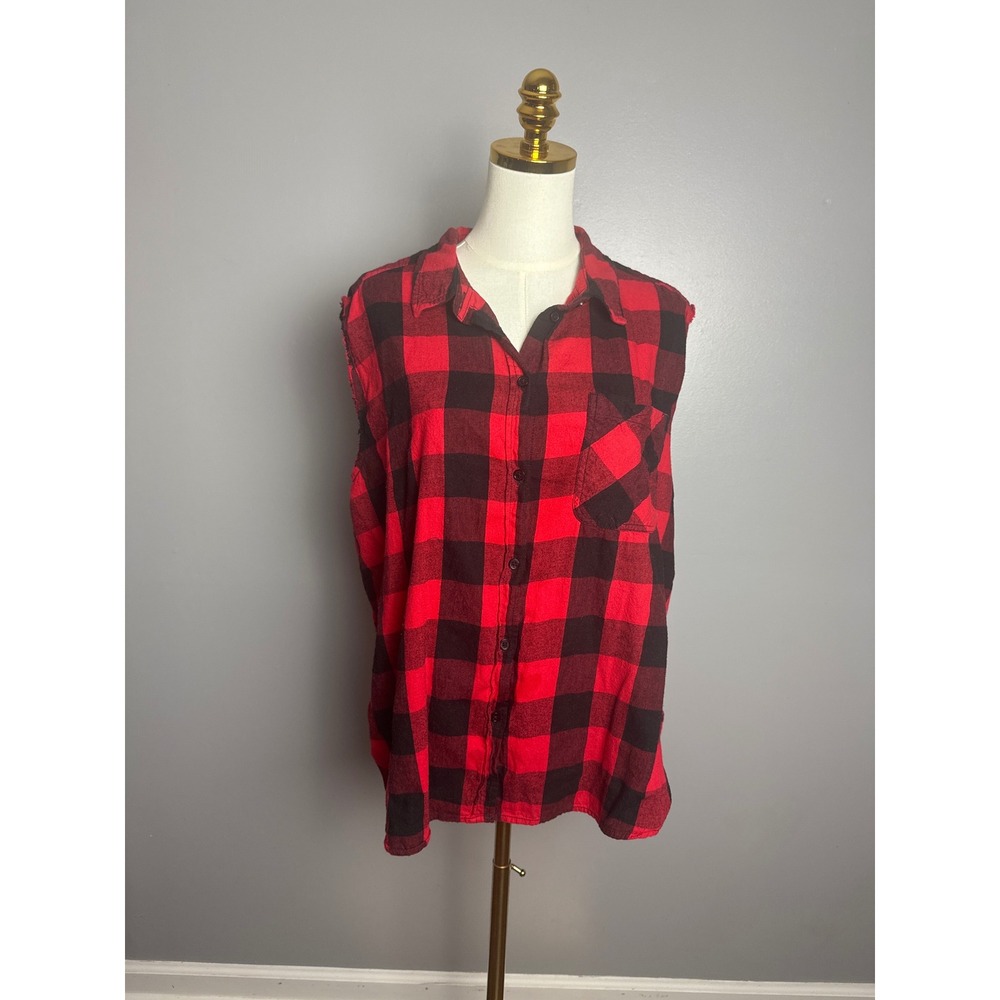 Time and Tru Sleeveless Button Down‎ Womens XL Red Black Excellent Buffalo Plaid